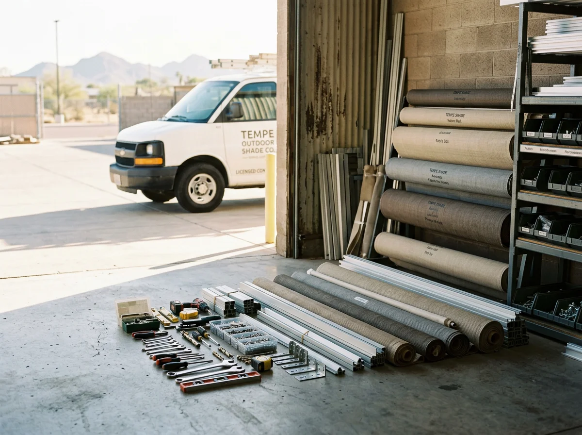 Professional shade installation equipment and materials ready for outdoor projects, showcasing the tools and expertise used to transform residential outdoor spaces.