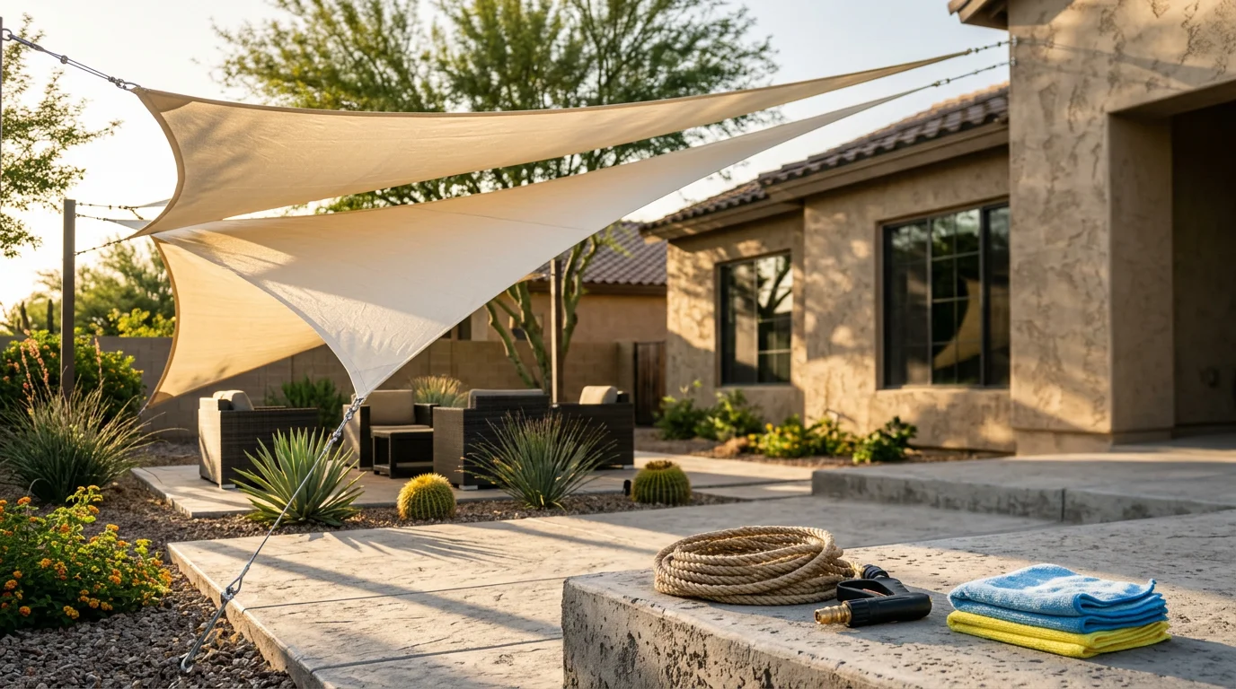 Sail shade installation over a residential patio in Mesa