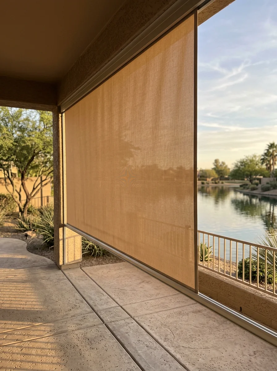 Portrait view of a patio drop shade panel on the open west side of a Chandler covered patio, with the fabric rolled down and the Ocotillo community lake visible in the distance.