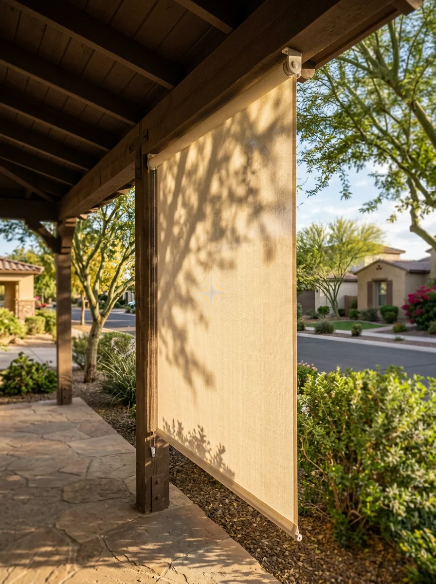 Portrait view of a patio drop shade panel installed on the open side of a Morrison Ranch covered patio, with the fabric rolled down and the community's tree-lined street visible beyond.