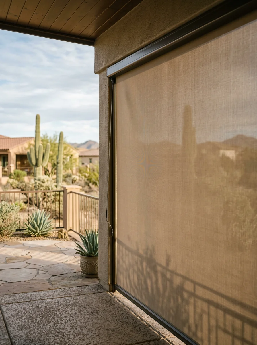 Portrait view of a patio drop shade panel on the open side of a covered patio in a southeast Mesa master-planned community, with desert landscaping visible beyond.