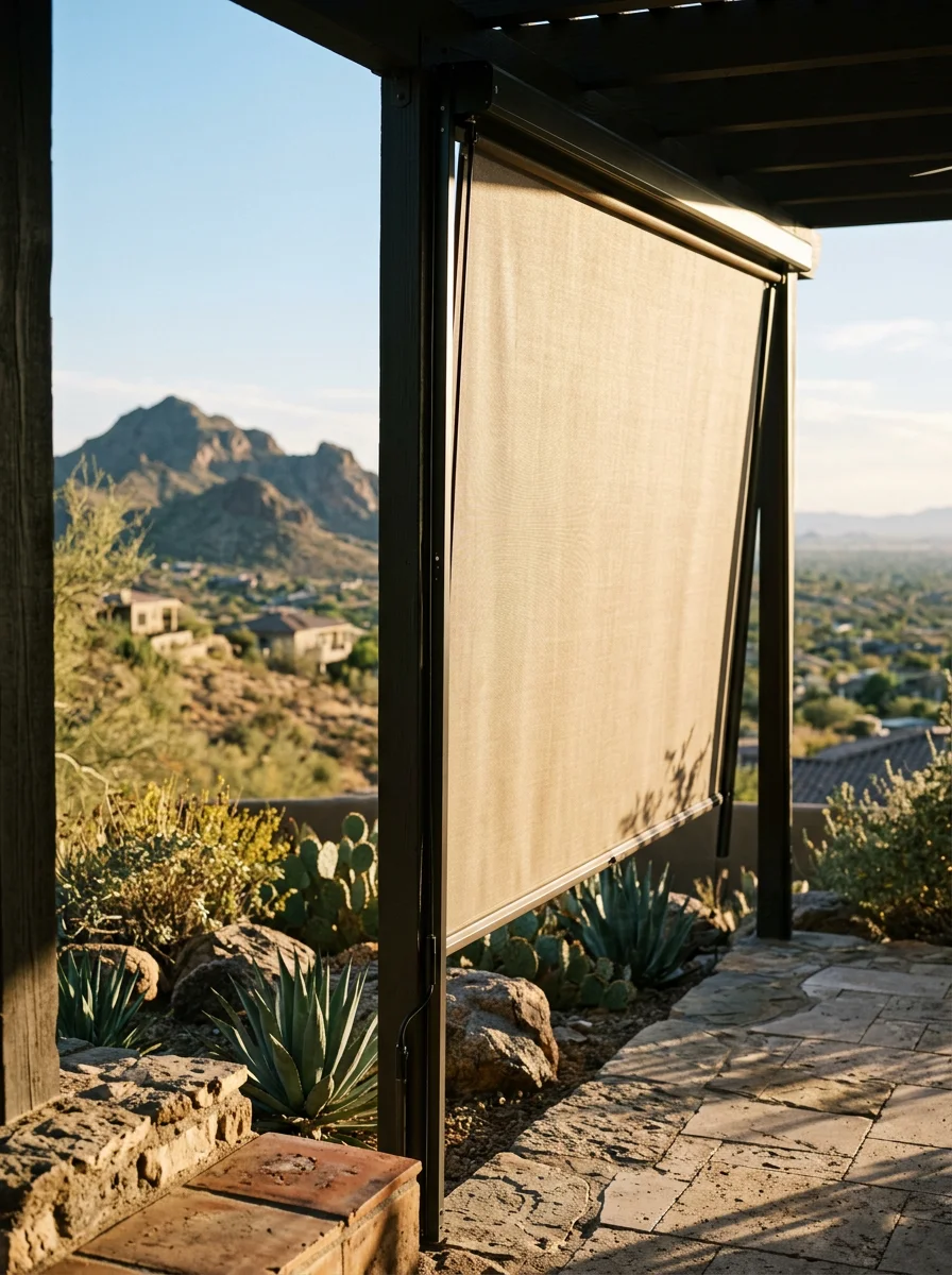 Portrait view of a patio drop shade panel on the open southwest side of an Ahwatukee hillside home patio, with South Mountain visible in the background.