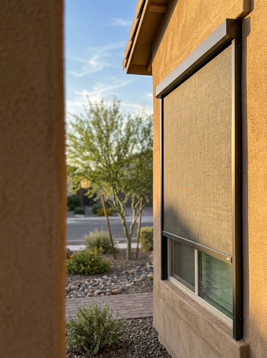 Portrait view of a restored sunscreen panel on a Montelena community home in Queen Creek, with the new fabric taut in the aluminum frame and desert landscaping below.