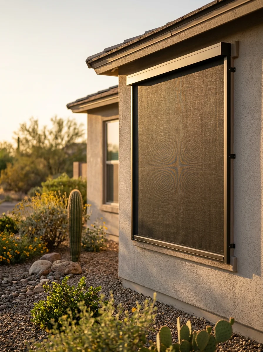 Portrait view of a restored sunscreen panel on a San Tan Valley home built in the mid-2000s, with new fabric installed in the original aluminum frame and desert landscaping in the foreground.