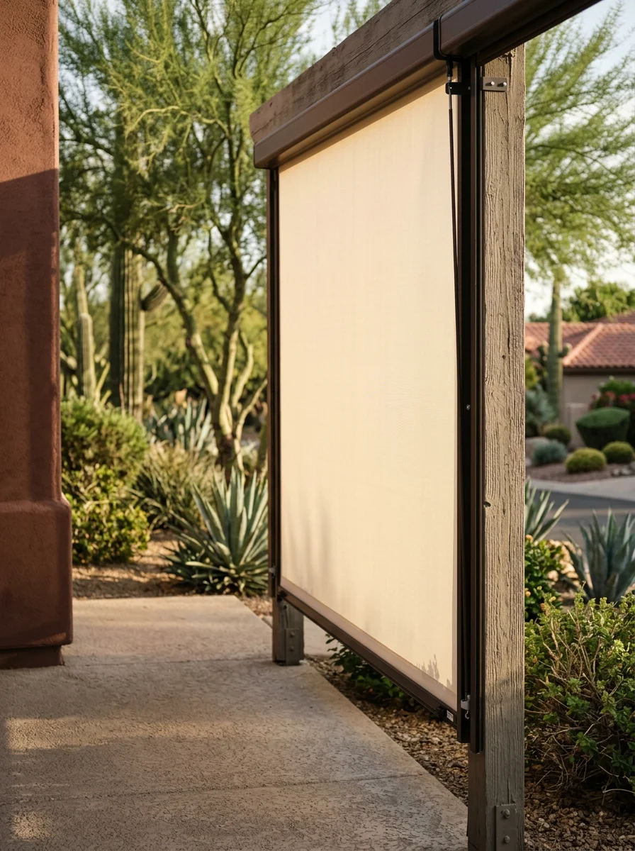 Portrait view of a restored sunscreen panel on a McCormick Ranch patio, with the new fabric taut in the aluminum frame and the community's mature landscaping visible behind.