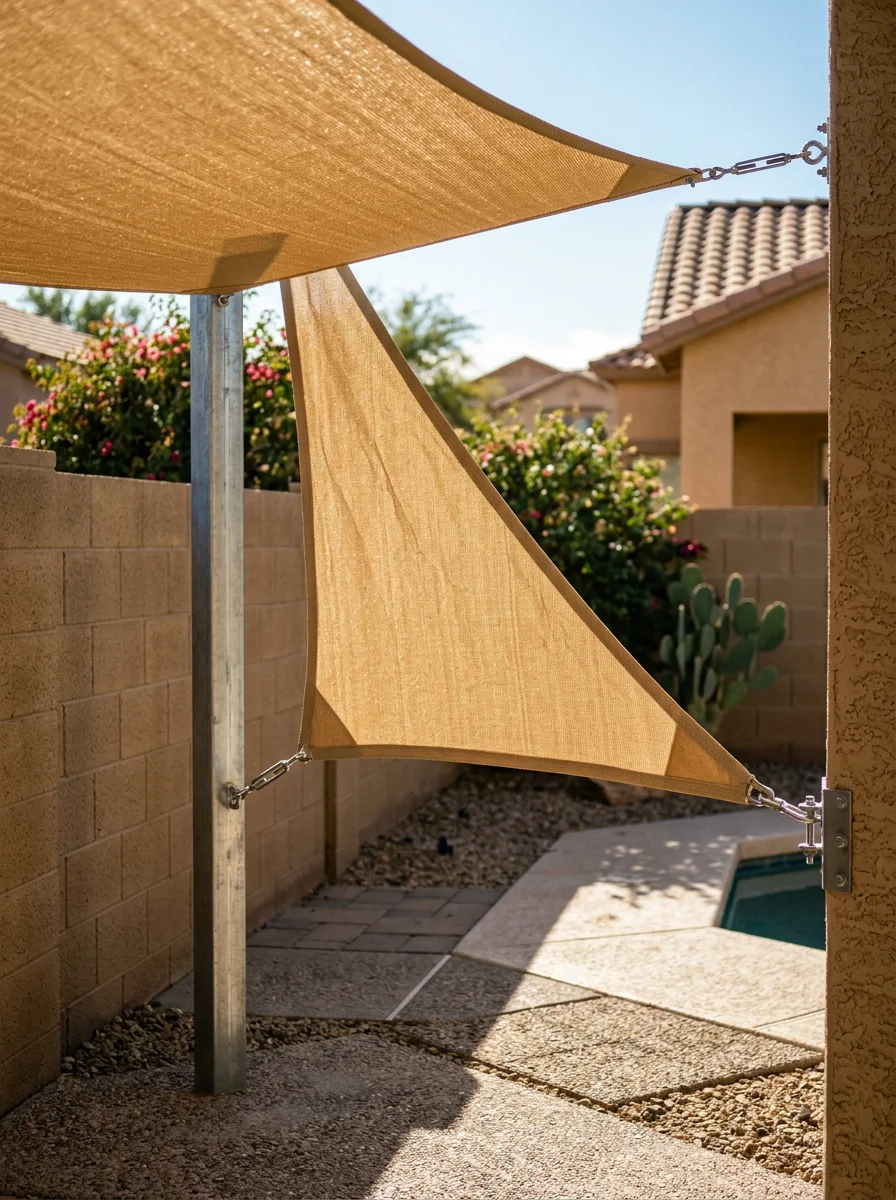 Close-up portrait of a triangular sail shade stretched over a Tempe backyard pool deck, anchored to a block perimeter wall and a steel post.