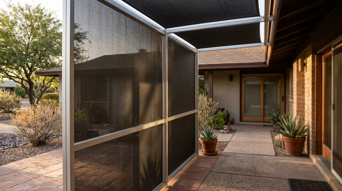 A restored sunscreen shade panel installed on the west-facing patio of a 1970s Tempe ranch home, with the fabric taut and evenly tensioned across the aluminum frame.