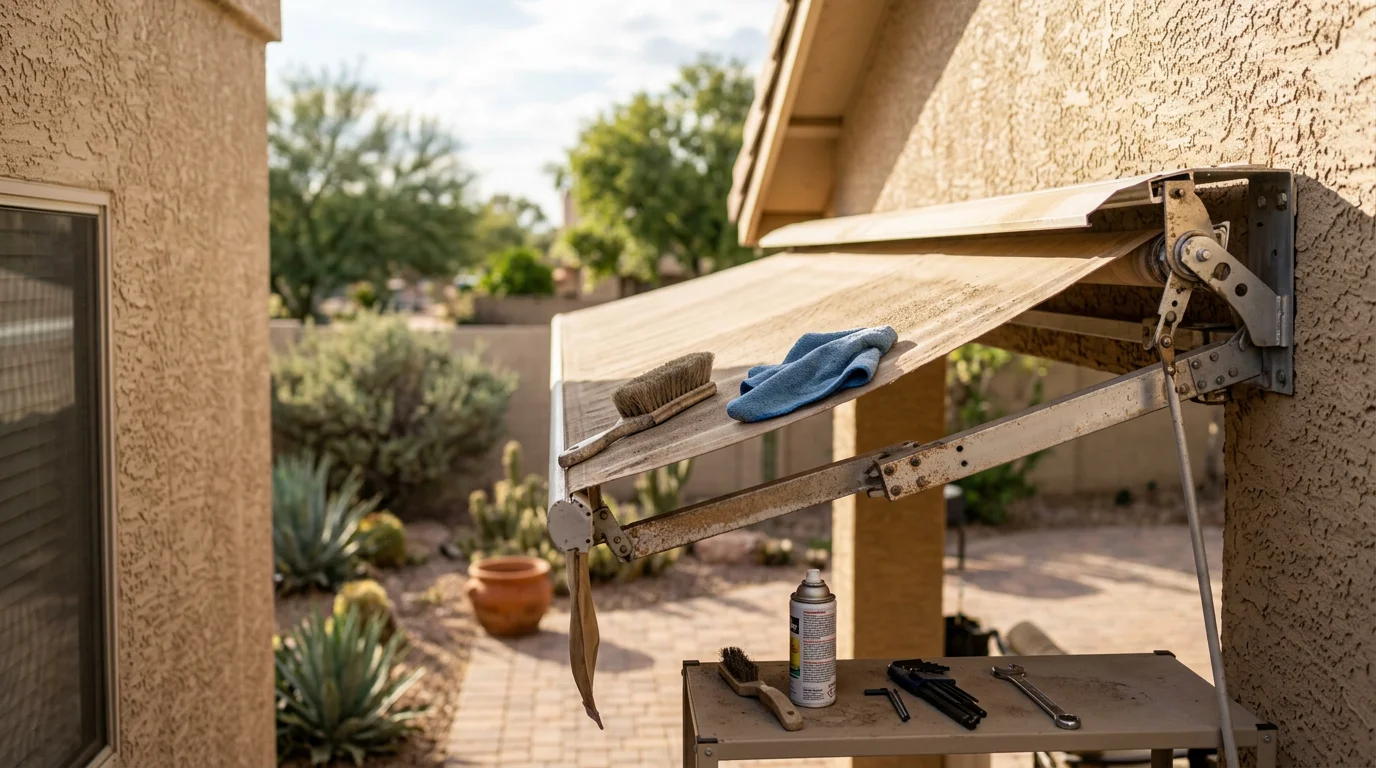 A clean, well-maintained patio awning on a Tempe home with the fabric inspected and frame hardware checked. The awning provides shade over an outdoor seating area under a clear Arizona sky.