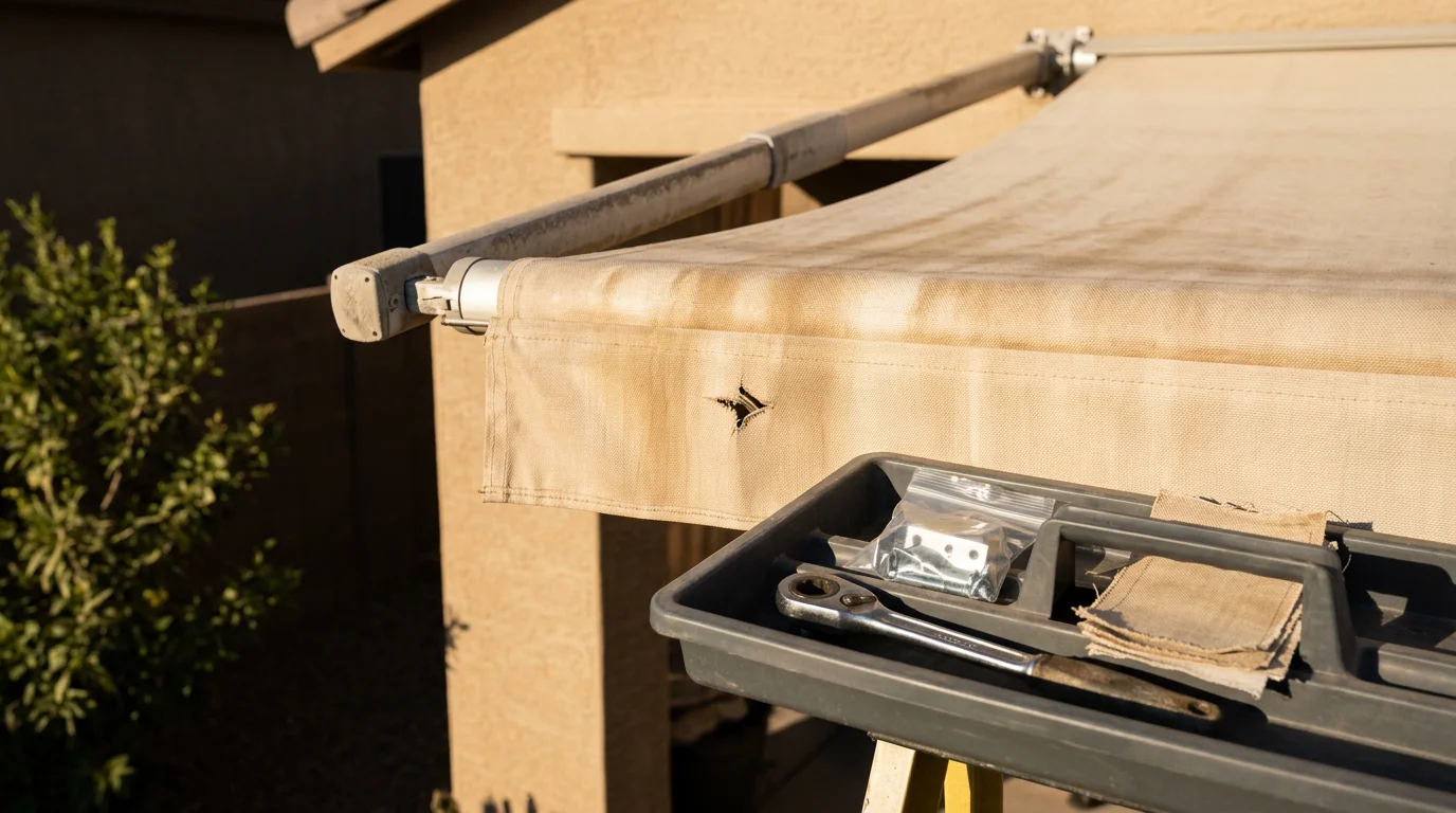 A repaired residential patio awning with straight arms and taut fabric providing shade over an outdoor seating area in Tempe, Arizona. The awning frame and mounting hardware are secure against a stucco exterior wall under bright desert sunlight.