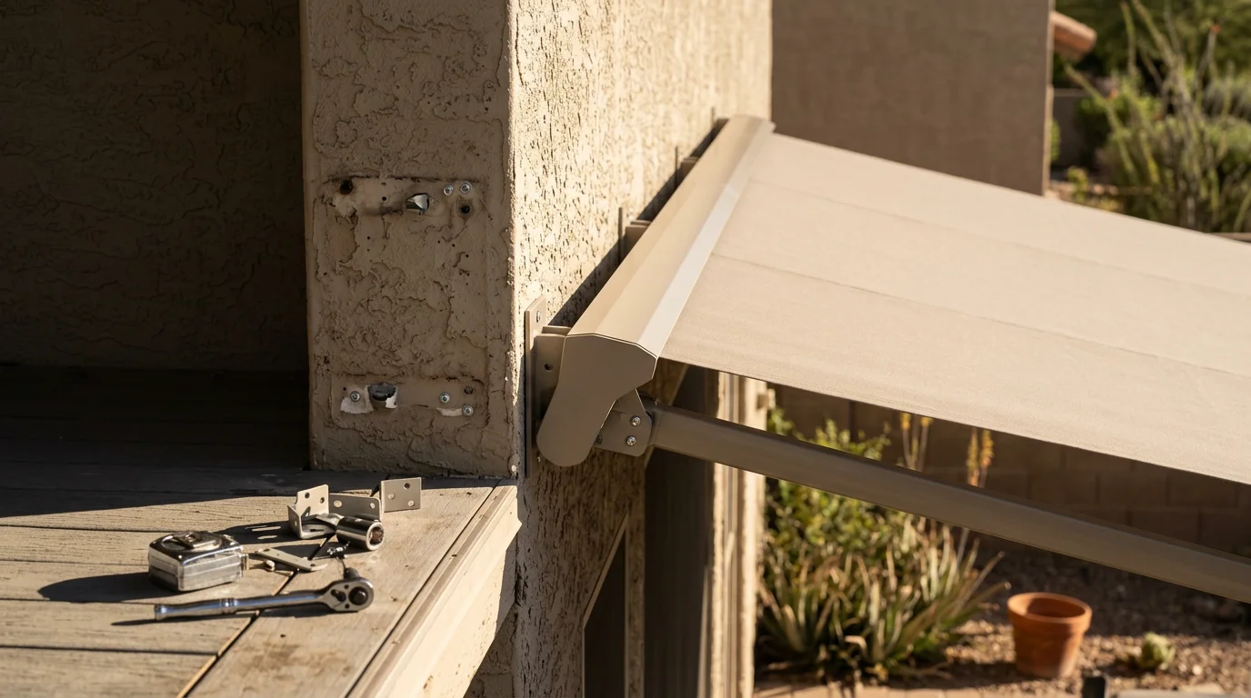 A freshly replaced patio awning on a Tempe residential home, providing full shade coverage over an outdoor seating area. The new awning fabric is taut and evenly extended, contrasting with the bright Arizona sky.
