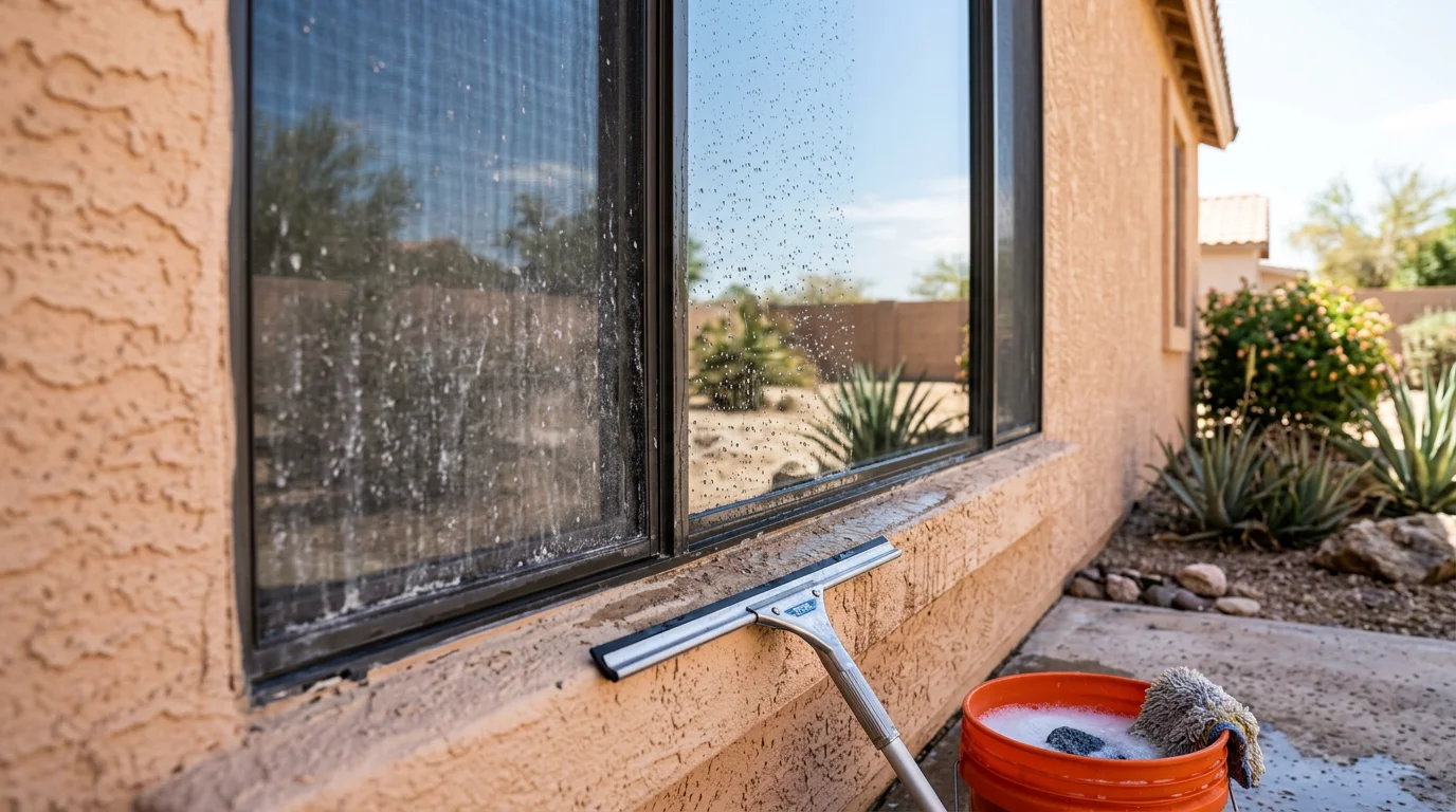 A technician cleaning the exterior windows of a single-family home in Tempe, Arizona, with desert landscaping visible in the foreground. The glass shows a clear, streak-free finish after removal of dust and hard-water deposits.