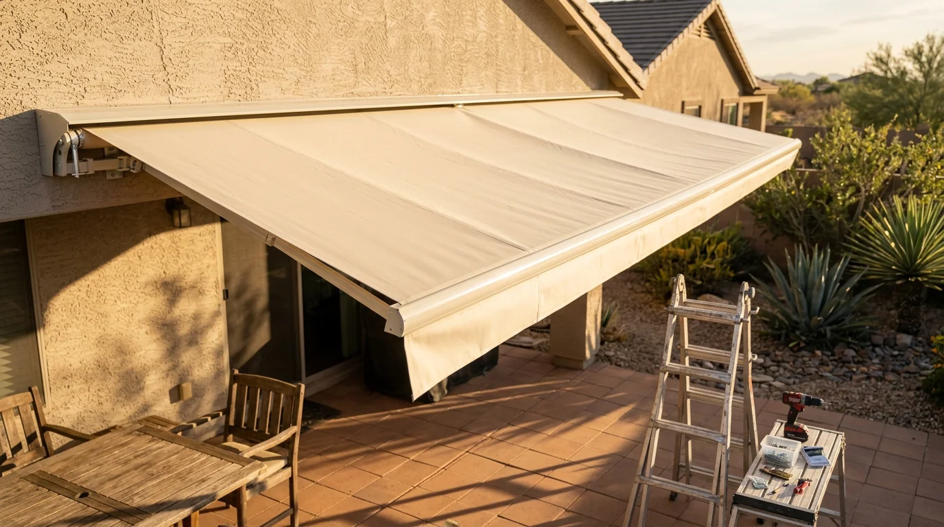 A fixed awning installed over a residential patio in Tempe, Arizona, providing full overhead shade coverage on a sun-exposed outdoor seating area. The structure is mounted flush to the home's exterior wall with a clean, finished appearance suited to the desert climate.