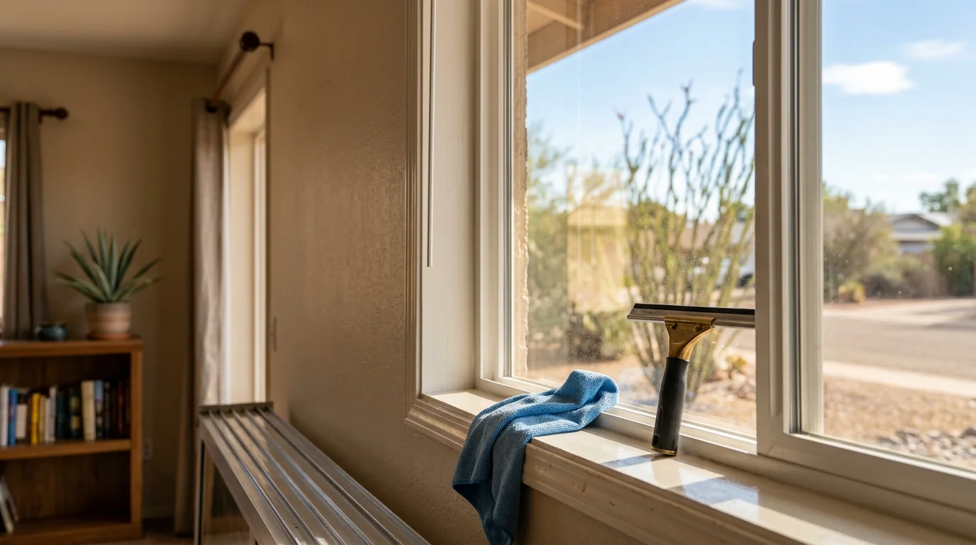 A professional window cleaner wiping the interior glass panes of a bright Tempe home, leaving streak-free windows with clear views of a sunny Arizona backyard. Cleaned window sills and tracks are visible in the foreground.