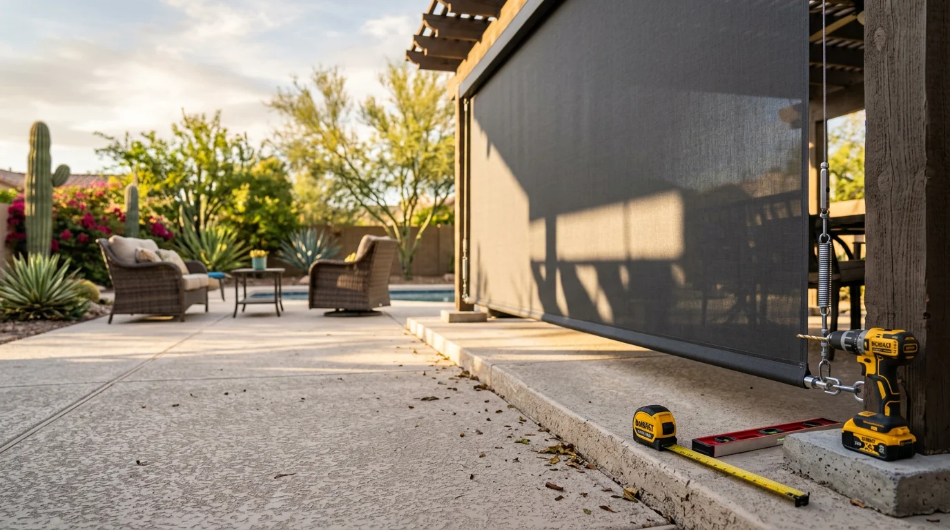 A custom drop shade installed on a Tempe backyard patio, rolled down to block afternoon sun across an outdoor seating area. The shade is mounted to an existing patio cover with the fabric pulled taut against the desert sky.