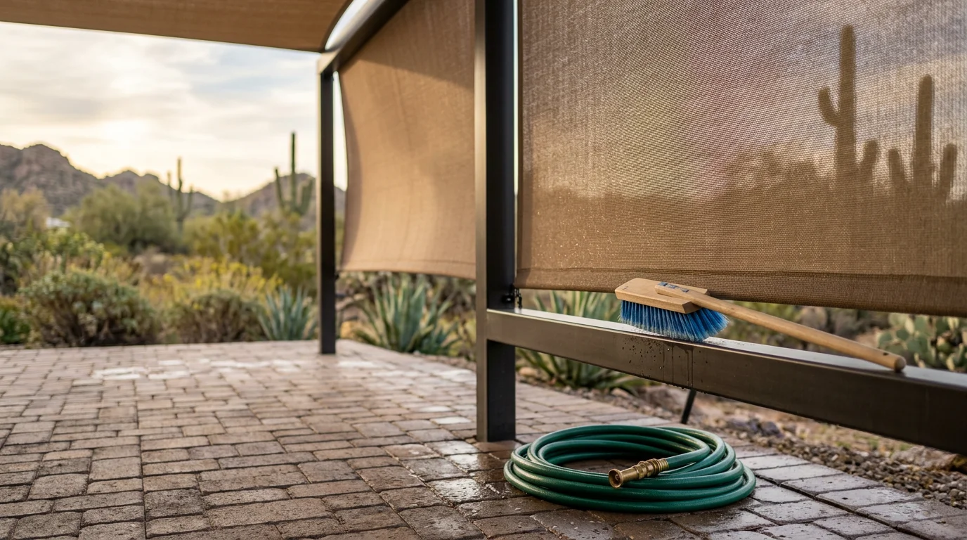 A clean patio drop shade installed on a Tempe backyard patio, showing clear mesh fabric free of dust and staining after professional cleaning. The shade covers a covered outdoor seating area under the Arizona sun.