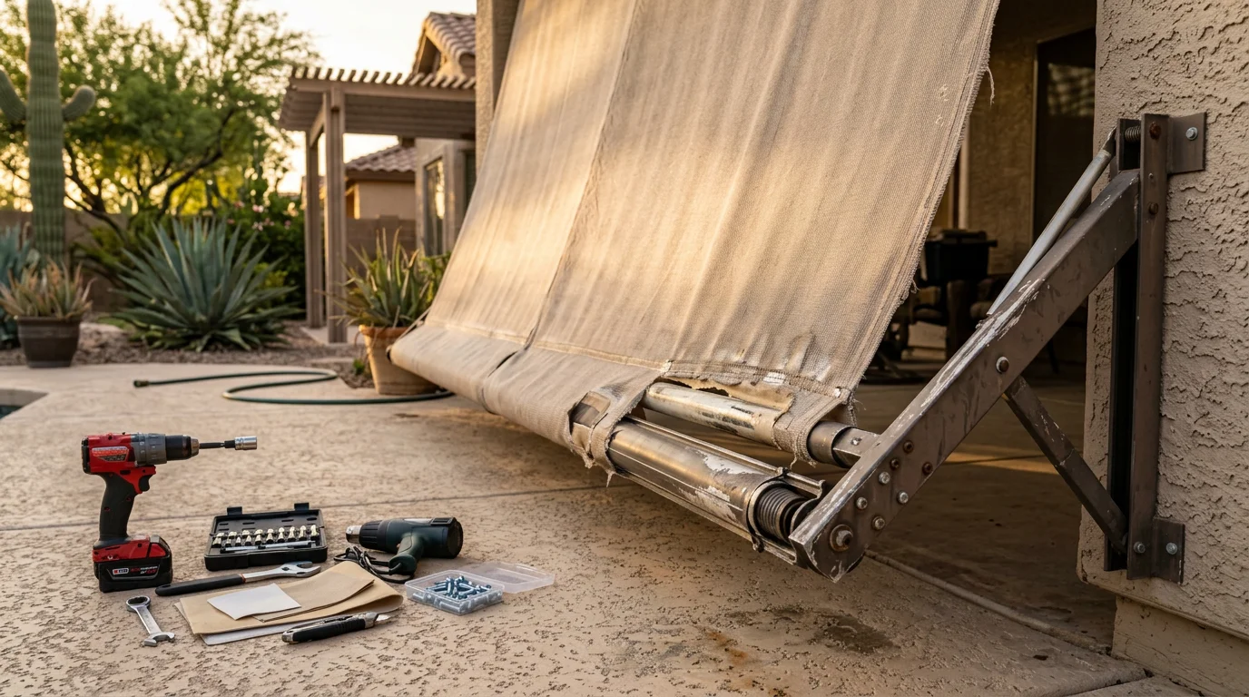 A repaired patio drop shade fully extended over a Tempe backyard patio, showing taut fabric and aligned bottom bar with no visible fraying or sagging. The shade blocks direct afternoon sun across an outdoor seating area in a desert residential setting.