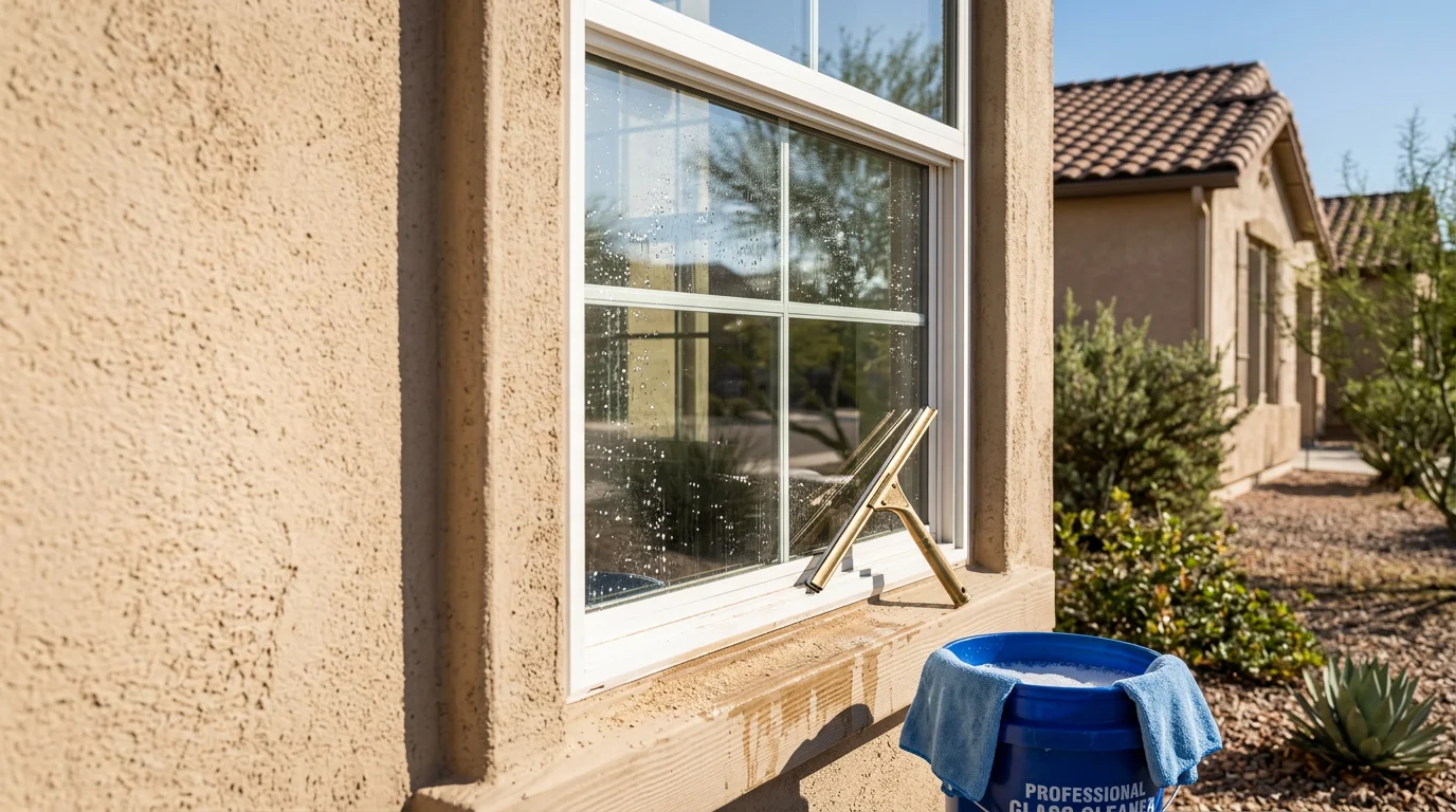 A clean, streak-free residential window on a single-family home in Tempe, Arizona, with the desert landscape visible in the background. The glass is free of dust, hard water spots, and monsoon residue after a professional window cleaning service.