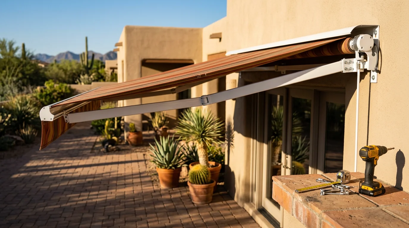 A motorized retractable awning fully extended over a Tempe backyard patio, providing shade on a sunny Arizona afternoon. The awning is mounted to the rear exterior wall of a single-story home with a concrete patio and outdoor seating visible below.