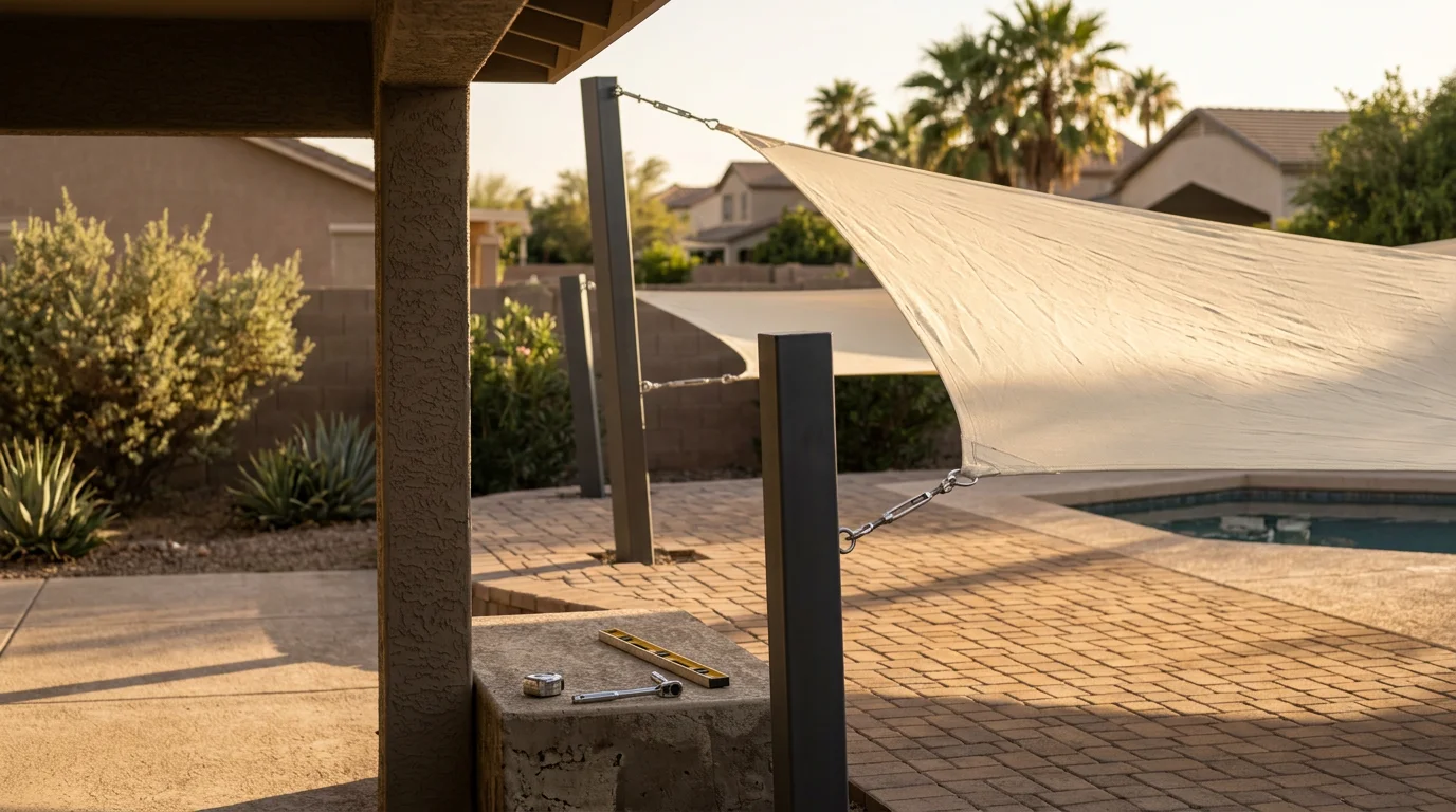 A tensioned sail shade installed over a backyard patio in Tempe, Arizona, casting a geometric shadow across outdoor seating and a concrete pool deck on a sunny afternoon.