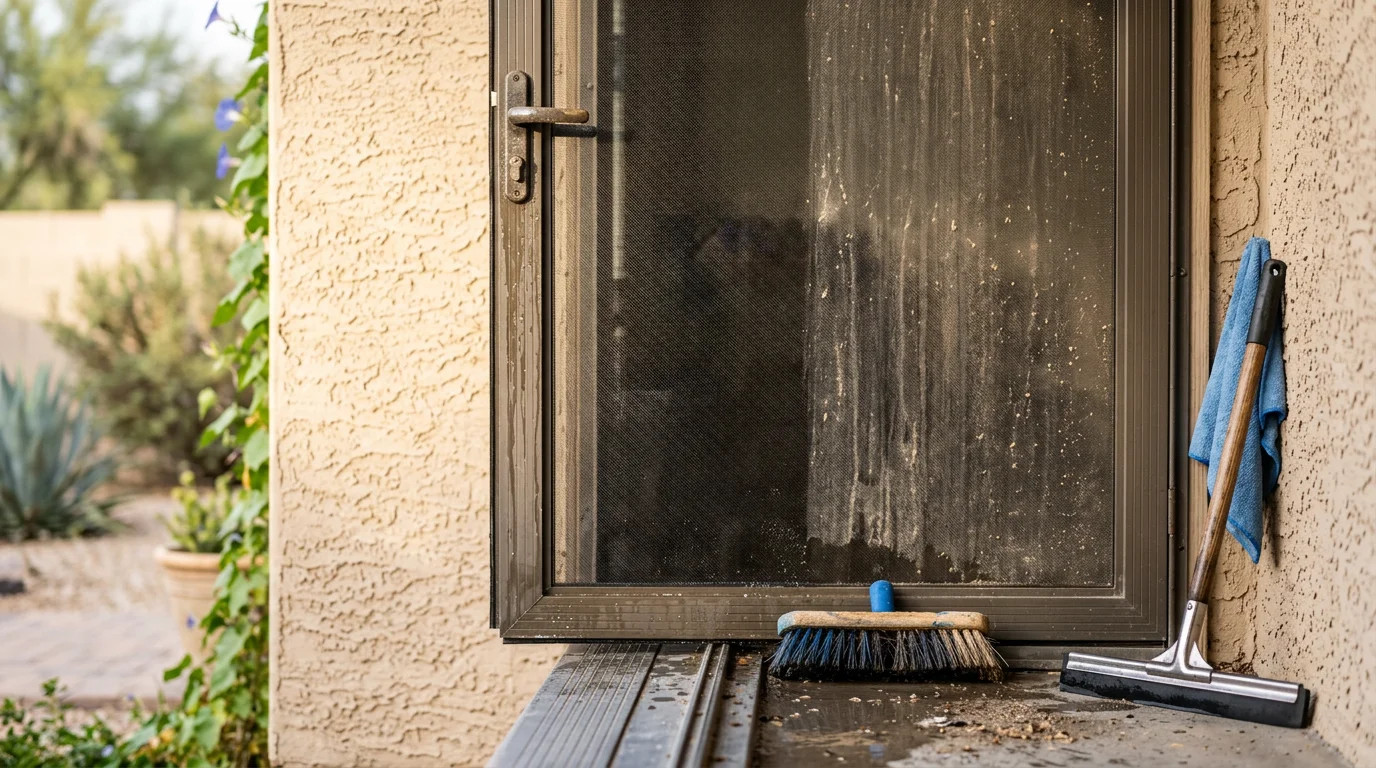 A clean screen door on a Tempe home with a clear mesh panel and dust-free aluminum track after professional cleaning. The surrounding patio area shows a dry desert landscape typical of the Phoenix Valley.