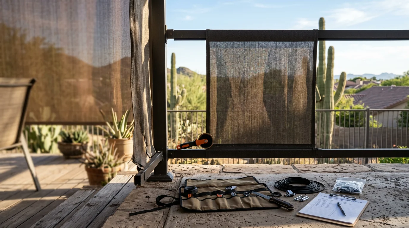 A restored patio sunscreen on a Tempe home, showing taut, evenly tensioned fabric blocking afternoon sun over an outdoor seating area. The screen frame is flush against the structure with no visible sagging or fraying along the edges.